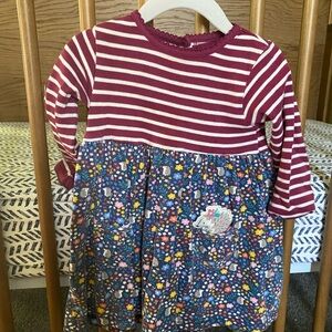 JoJo Maman Bebe Striped and Floral Kids Dress - Burgundy and Blue